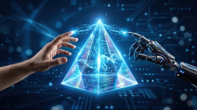 Human and robotic hand touching futuristic holographic pyramid, symbolizing AI evolution, digital connection, and technological singularity concept in cyberspace.