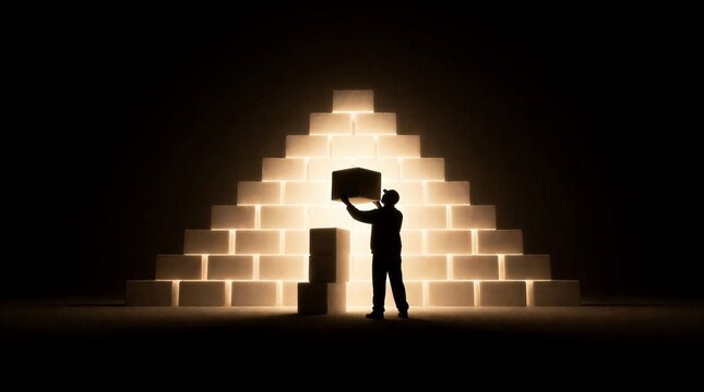A silhouette of a man carefully placing a block to complete a large glowing pyramid structure.