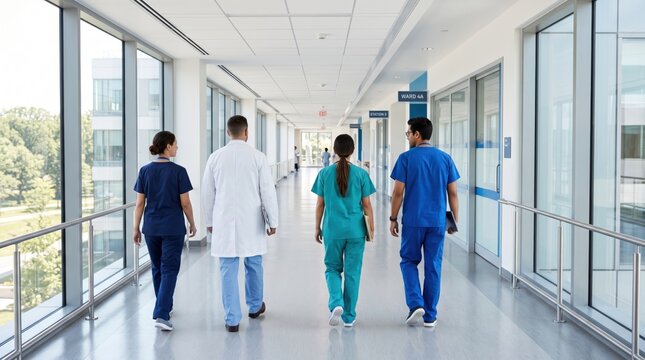 Diverse medical team walking down hospital corridor, doctors and nurses in scrubs and lab coats, healthcare professionals collaborating, modern clinic environment, patient care