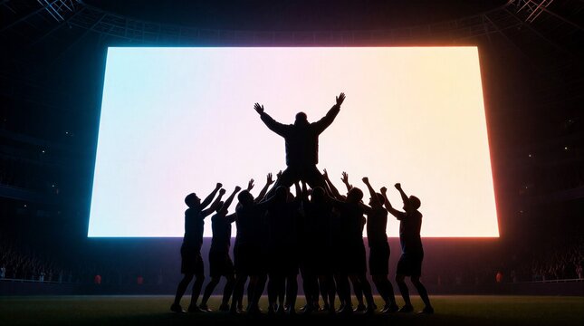 A victorious sports team lifts their captain in celebration against a bright stadium screen background.