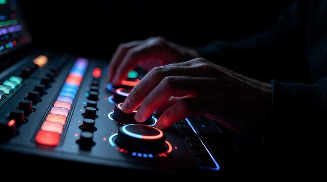 Close-up of a DJ's hands adjusting knobs and faders on a professional illuminated mixing console in a dark studio.