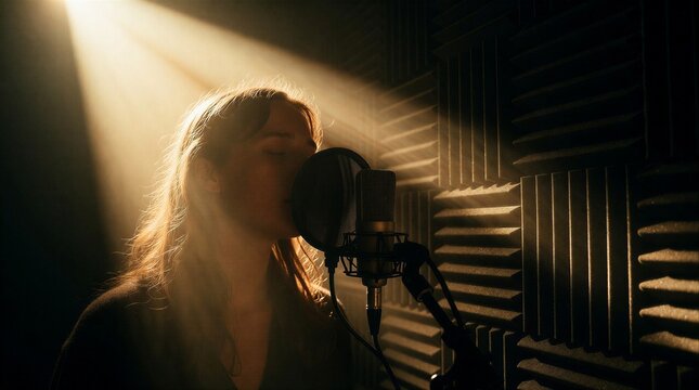 A female vocalist recording a song in a professional studio with dramatic cinematic lighting and acoustic foam panels.