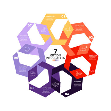 Venn diagram hexagon infographic 7 option step for business report presentation. Vector editable.