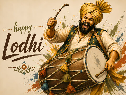 Happy Lohri Festival Punjabi Dhol Player Traditional Celebration Illustration