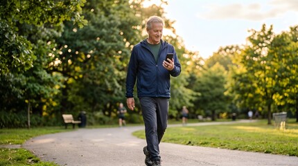 Fototapeta premium Active Senior Man Walking in Park and Checking Health Data on Smartphone with Smart Ring