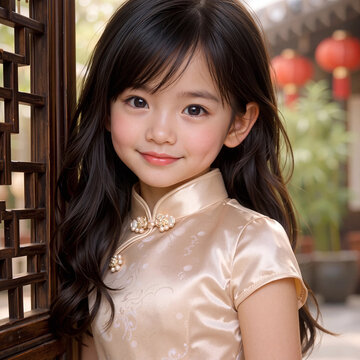 Charming Young Asian Girl in Elegant Golden Qipao-style Dress with Pearl Fasteners Posing by Traditional Wooden Screen