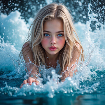 A vibrant moment captured: a young blonde girl with captivating blue eyes surfaces from crystal clear splashing water.
