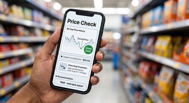 Hand holding smartphone displaying AI price check and price drop prediction app in supermarket aisle
