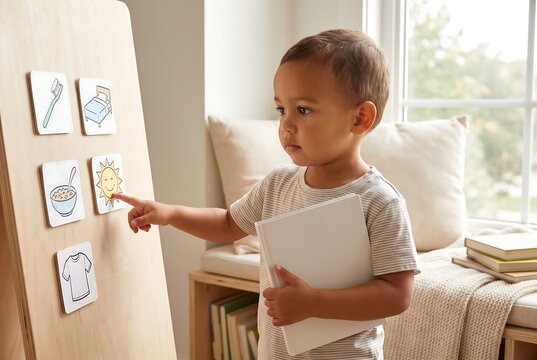 Child Using Visual Task Cards For Independent Daily Routine