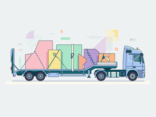Fototapeta premium Illustration Of A Truck Carrying Various Abstract Cargo And Geometric Shapes