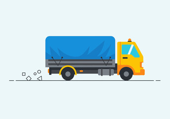 Fototapeta premium Illustration Of A Yellow Truck With Blue Tarp Cargo Moving Fast