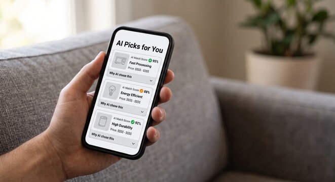 Person holding smartphone displaying personalized AI product picks and match score recommendations on sofa