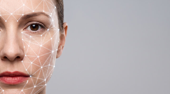 Biometric face scanner identity technology security portrait woman closeup biometric face. Futuristic digital facial recognition system. identification verification id access, security protection