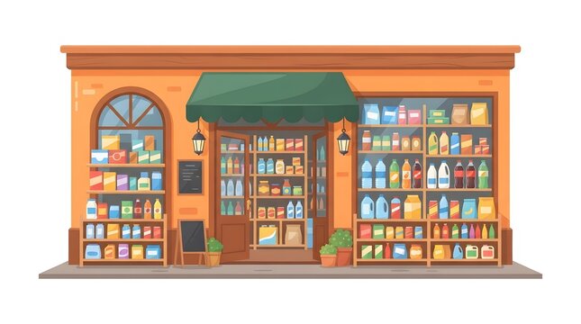 Traditional grocery shop facade with green awning, open doors, and wooden shelves stocked with various packaged foods and drinks