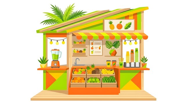 Tropical fresh fruit juice bar stall with a blender, cups, and exotic fruits like watermelon and pineapple under a wooden roof