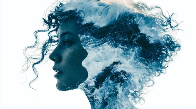 Double exposure side profile portrait of beautiful woman with curly hair blended with turbulent crashing ocean sea waves on white background for mental health, freedom, and emotional mindfulness conce