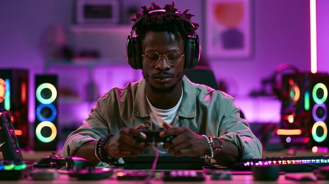 Young black male gamer wearing headphones and glasses holding controller in neon lit room with RGB gaming PC setup for esports, video gaming, and streaming concepts