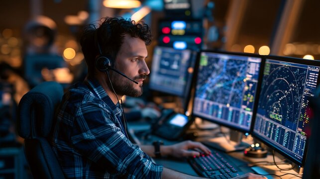 Male air traffic controller wearing headset working on multi-monitor computer screens at night in control tower for aviation radar tracking, dispatch, and navigation monitoring