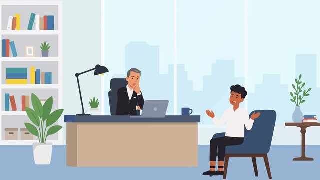 Animated job interview or business meeting in office. 4K Video