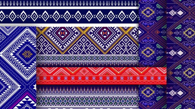 4K Abstract background of colorful ethnic geometric textile patterns moving and crossing over each other, featuring bold tribal-inspired designs, seam movement, and decorative backgrounds