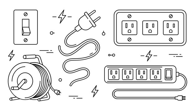 Electrical power extension cord reel set featuring light switch wall outlet plug power strip surge protector outline vector.