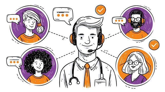 Telemedicine male doctor with headset consulting diverse patients online in modern flat doodle line art illustration isolated on white background