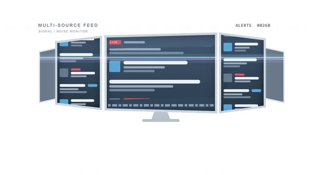 News headlines and information overload concept, multiple screens displaying breaking news, data anxiety, digital media