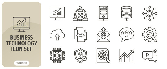 Fototapeta premium Business technology icon set vector finance, analytics, network, cloud storage, security, and data management line art symbols collection