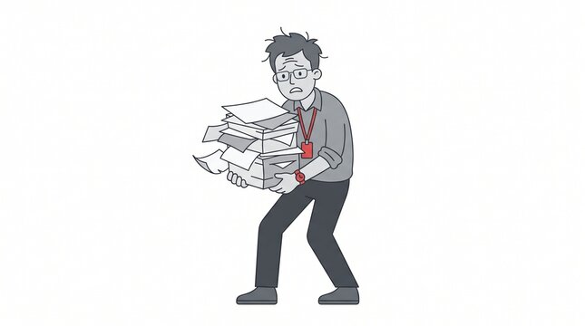 Overwhelmed Office Worker Carrying a Large Stack of Paperwork, Feeling Stressed and Burdened