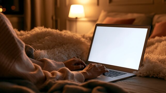 Cozy winter night working from bed, cozy laptop setup with fluffy blanket and warm indoor lighting for remote work lifestyle