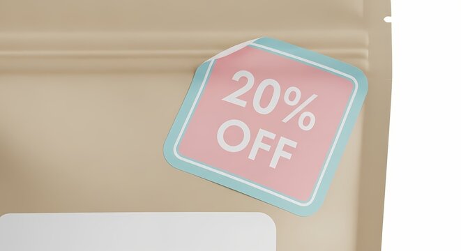 Twenty percent off sticker attached to kraft paper packaging in a clean studio macro shot for retail promotion and e-commerce marketing