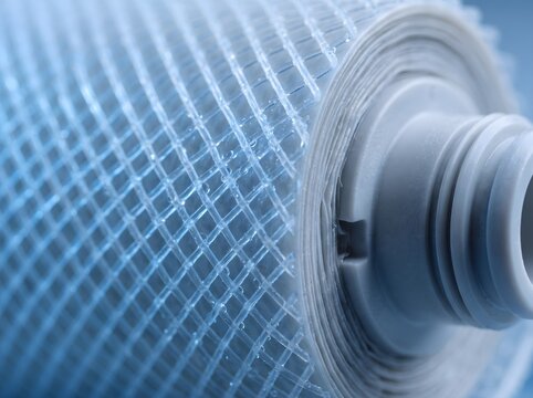 Macro Shot of Reverse Osmosis Water Filter Membrane Mesh with Water Droplets