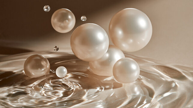 Pearl like casein droplets floating in clear liquid showcasing precision fermentation and luxury dairy innovation in refined editorial mood