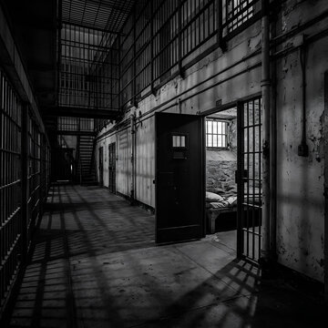 Dark prison corridor with open cell door dramatic shadows and bars