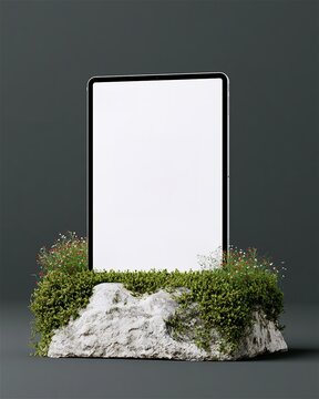 Vertical tablet mockup blank white screen modern digital device standing natural stone block green moss small flowers background minimalist eco presentation template studio setup