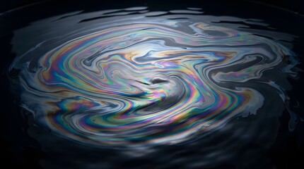 Fototapeta premium Iridescent oil spill pattern swirls in circular motion featuring vibrant rainbow colors on dark water surface with liquid light reflections