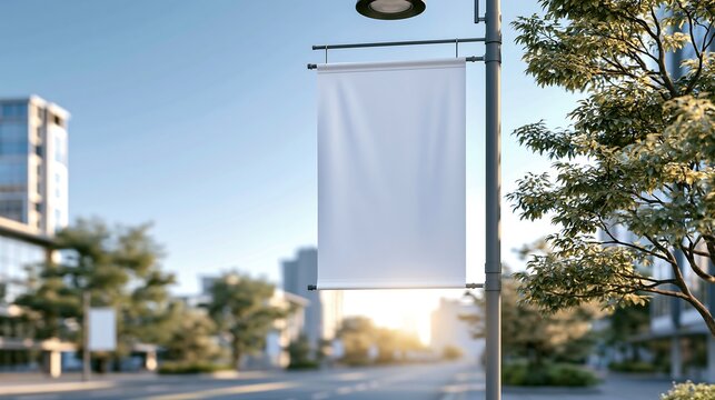 White vertical banner mockup on urban street lamppost, empty advertising flag template, city outdoor marketing display, blank signage with space for design