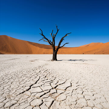 Dead tree in cracked white desert landscape with sand dunes and blue sky