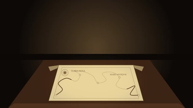 3d animation of a retro office desk with an old medieval road map scroll, adventure and exploration