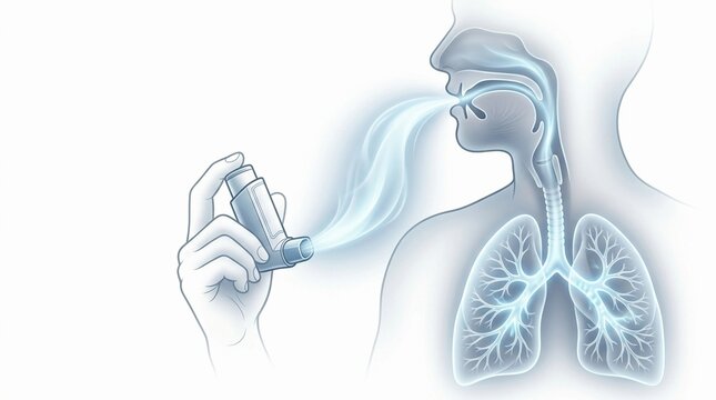 Medical Illustration of a Patient Using an Asthma Inhaler Showing the Respiratory System and Lungs