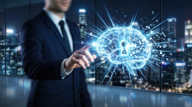 Futuristic artificial intelligence brain network with glowing neural connections and keyhole symbol, representing cybersecurity and cognitive computing technology in business