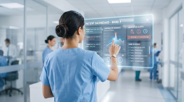 Nurse using patient dashboard ward interface, modern hospital management, electronic health records, clinical workflow optimization, medical staff efficiency