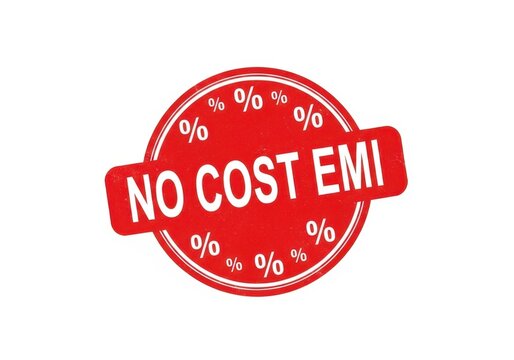 Red circular sticker with no cost emi text and percentage signs for sales isolated on white background