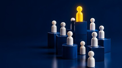 Obraz premium Leadership And Talent Management Concept With Glowing Yellow Figure On Pedestal
