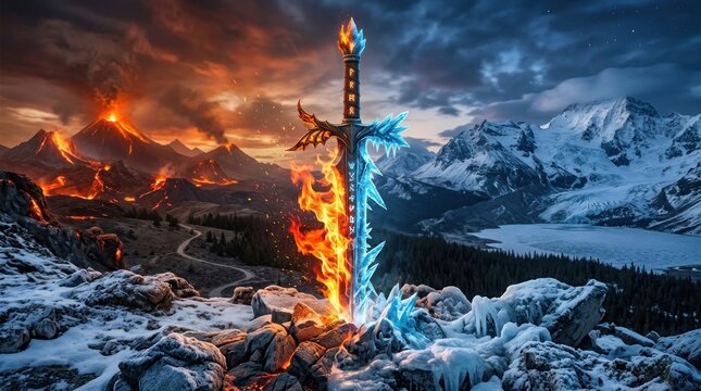 sword with burning fire and frozen ice blade in landscape