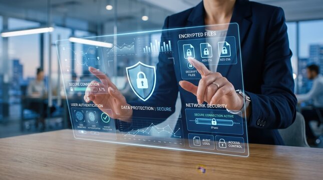 Business professional interacting with futuristic holographic interface displaying cybersecurity concepts like encryption and network security.