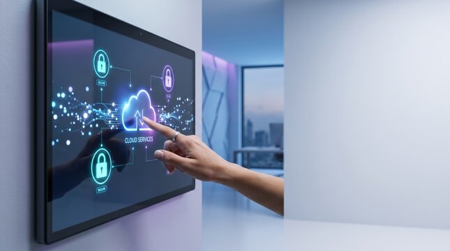 Hand touching interactive wall screen showing cloud services and cyber security lock icons, representing secure data upload and download protection for enterprise network