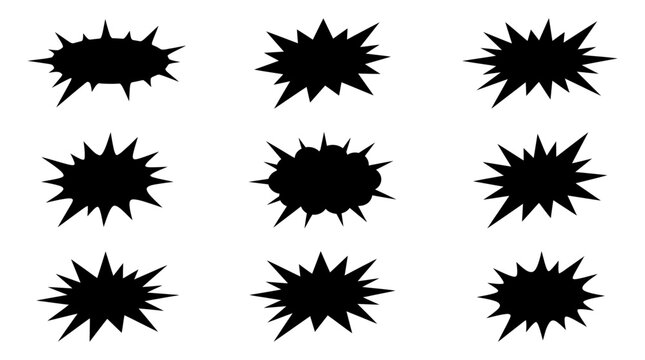 Set of black asymmetrical burst speech bubbles and explosion shapes for comic book design and graphic elements