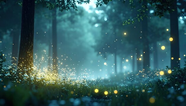 Glowworms and fireflies lighting up dark misty forest floor.