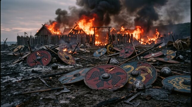 ancient viking shields scattered amidst raging fire and battlefield destruction